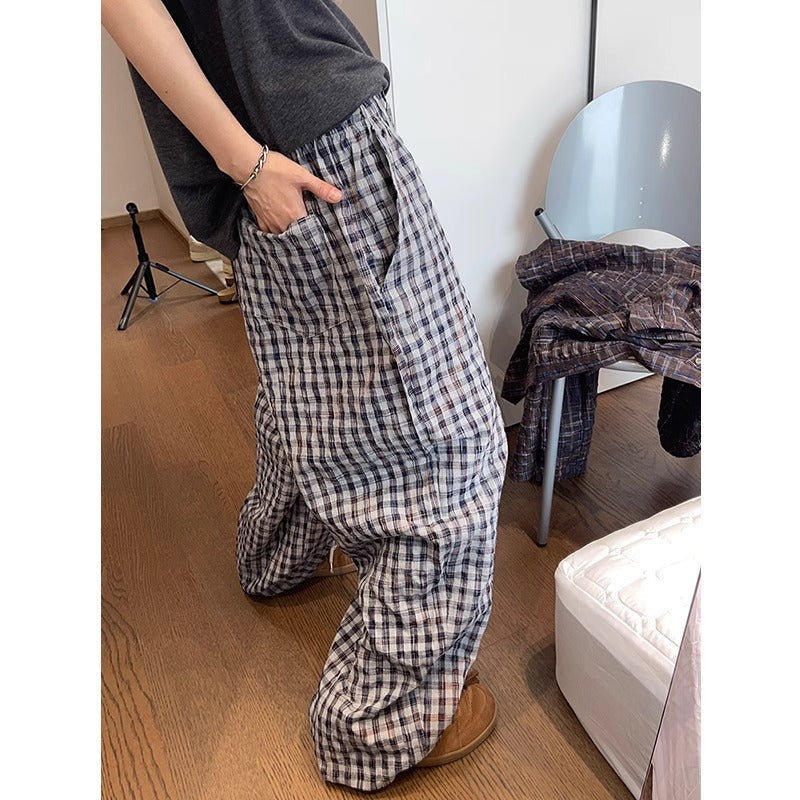 Retro Easy Matching Gradient Color Painted Bubble Plaid Casual Pants