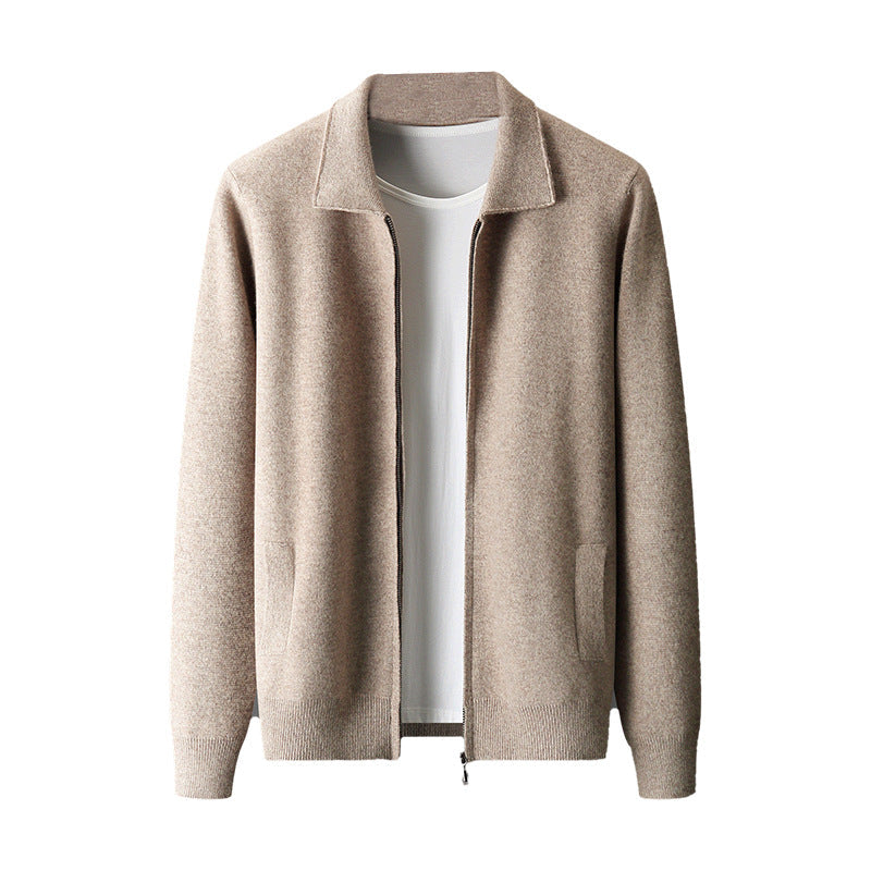 Pure Wool Cardigan Men's Knitted Turn-down Collar Coat
