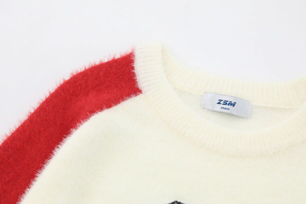 Sweet Cute Jacquard Furry Color-block Crew Neck Sweater