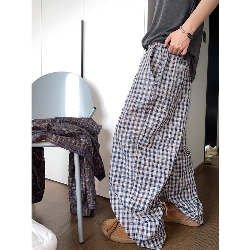 Retro Easy Matching Gradient Color Painted Bubble Plaid Casual Pants
