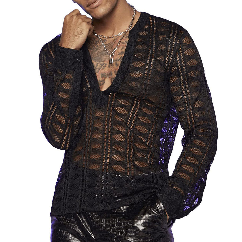 Men's Hollow Out V-neck Long Sleeve Loose-fitting Casual T-shirt Shirt