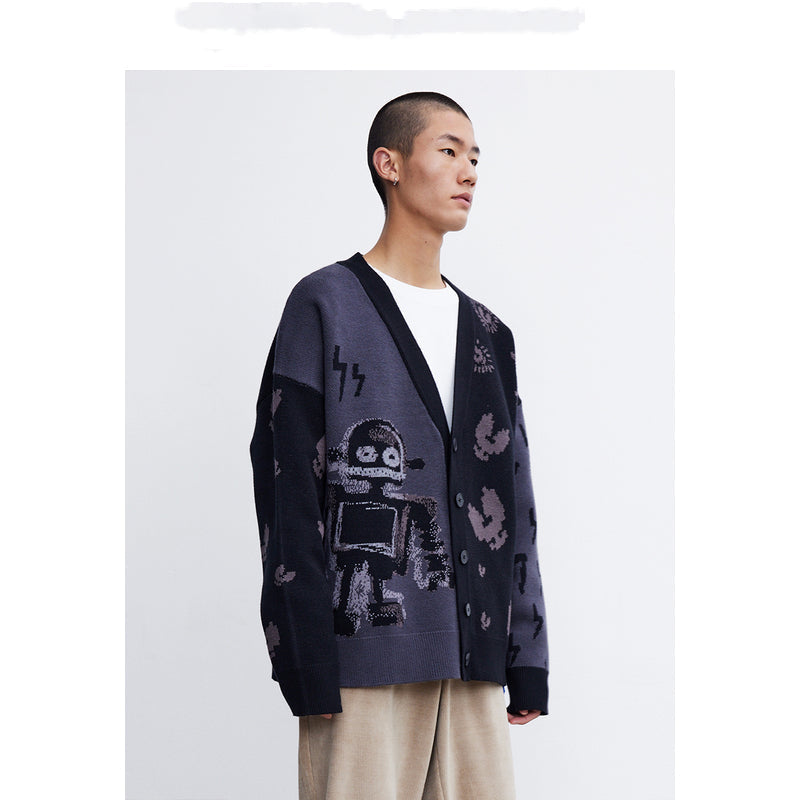 Men's Trendy Funny Robot Jacquard Sweater Knit Jacket