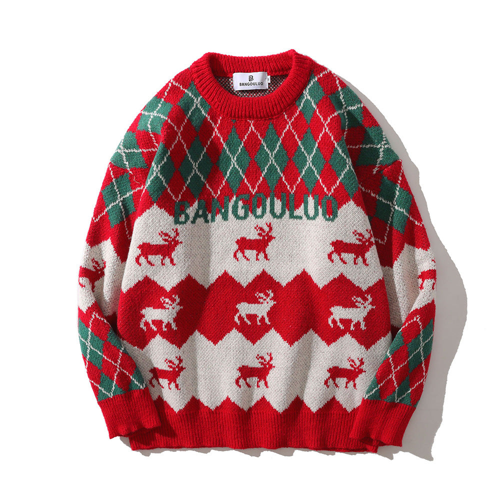 Long Sleeve Rhombus Plaid Deer Knitted Sweater