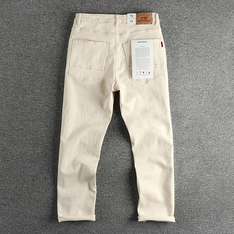 Vintage Raw Creamy-white Fabric Washed Jeans