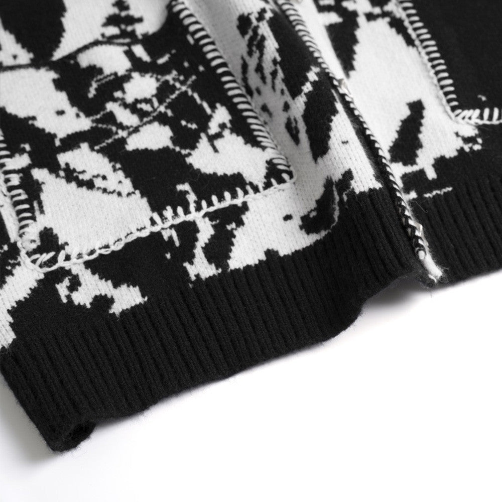 Contrast Stitching Jacquard V-neck Knitted Cardigan Men's