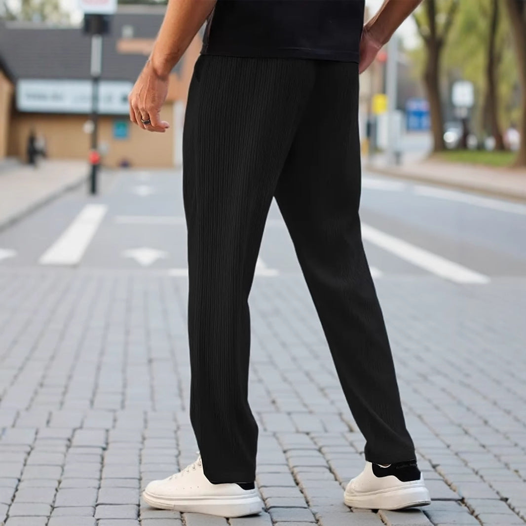 Men's Pleated Plain Color Casual Belt Drawstring And Pocket Spring Ice Feeling Straight-leg Trousers