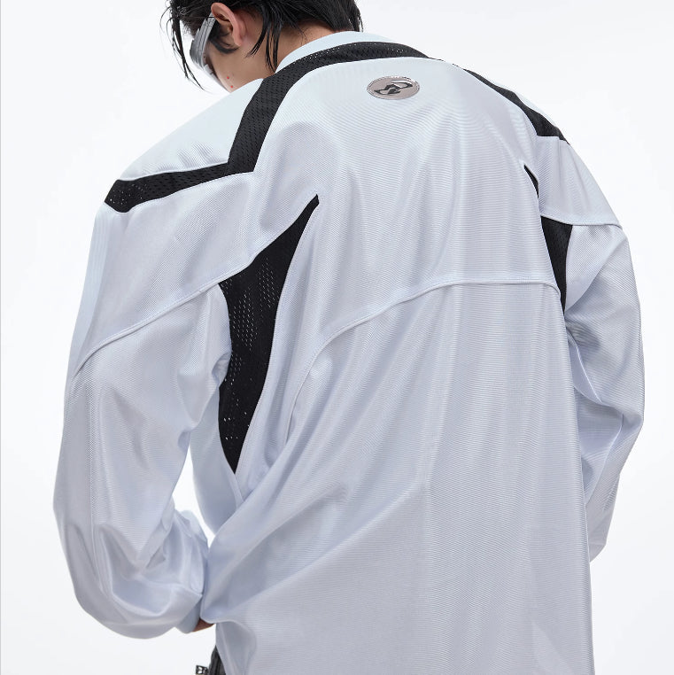 V-collar Contrast Color Padded Shoulder Long Sleeve American Retro Outdoor Sports Top