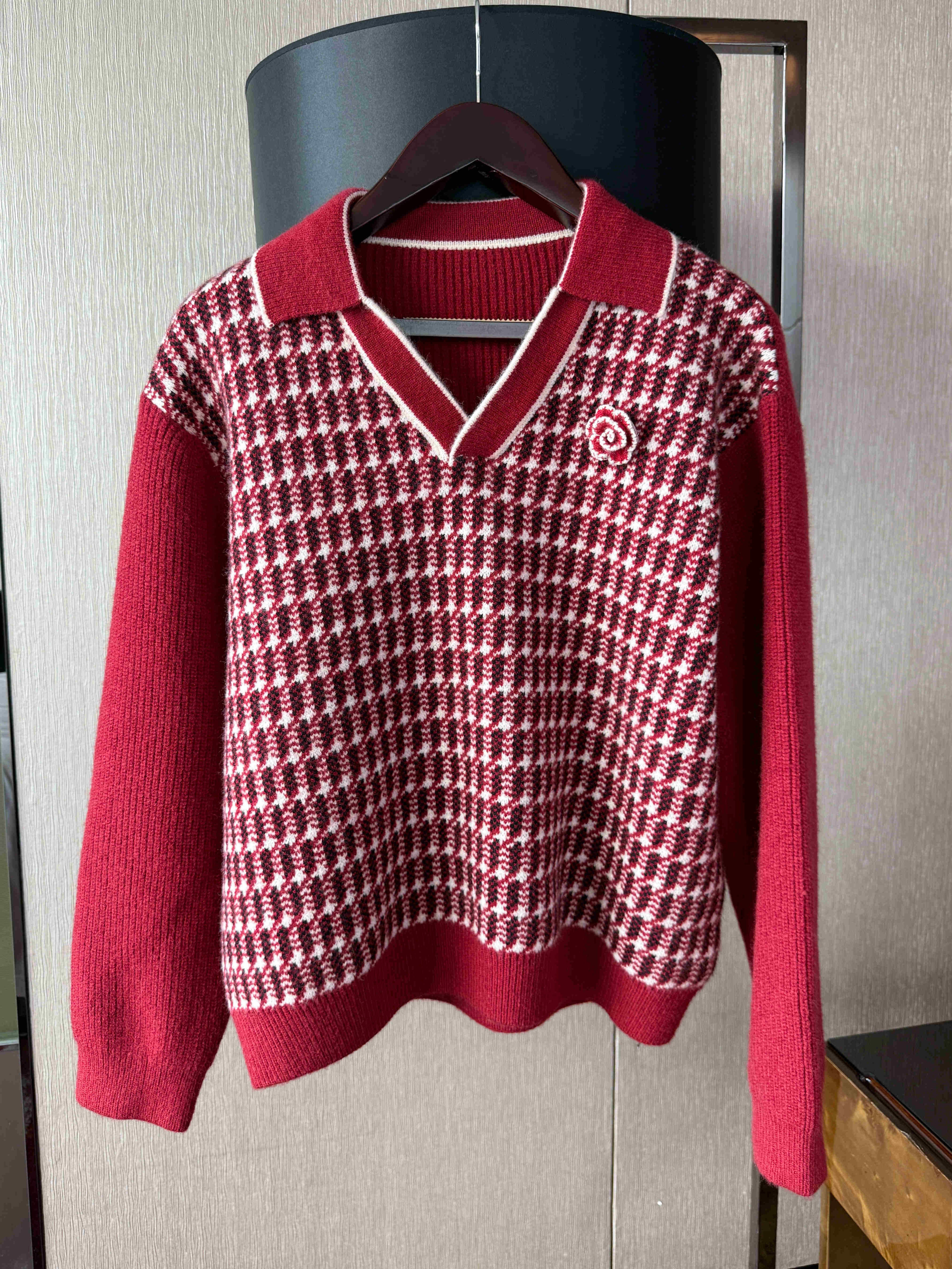 Stitching Contrast Color V-neck Houndstooth Sweater Loose