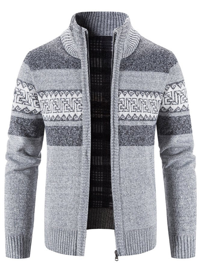 Casual Men's Hooded Color Block Printed Cardigan Knitted Cardigan Sweater Jacket