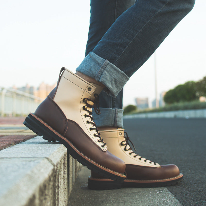Fashion Contrast Color Cowhide Tooling Men's Boots