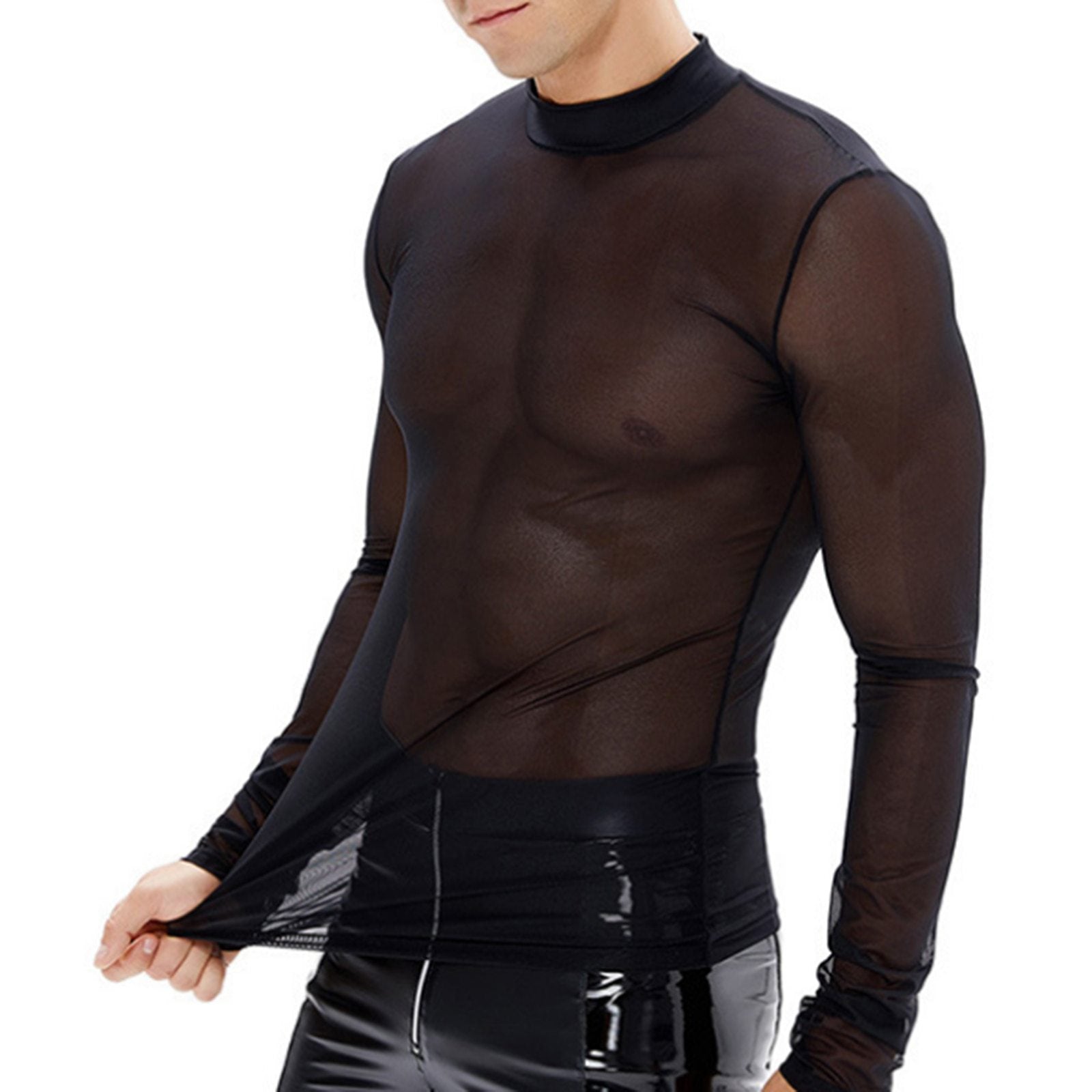 Men's Black Mesh Floral Print Long Sleeve