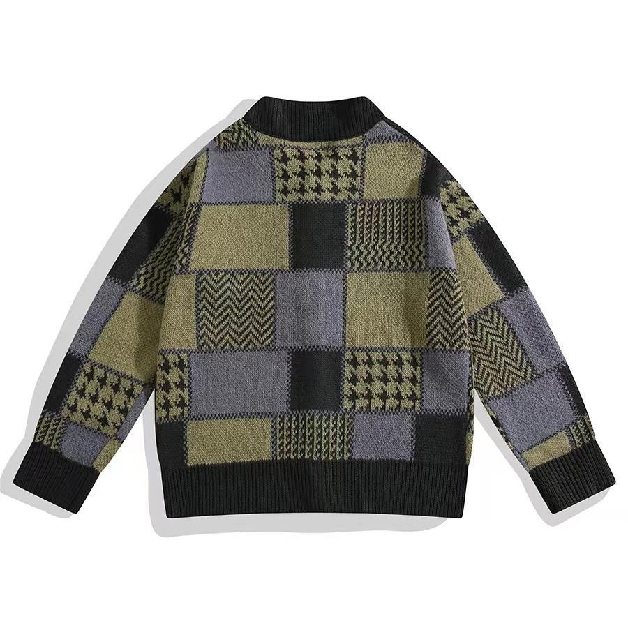 Autumn And Winter Color Matching Plaid Cardigan Knitted Sweater Men