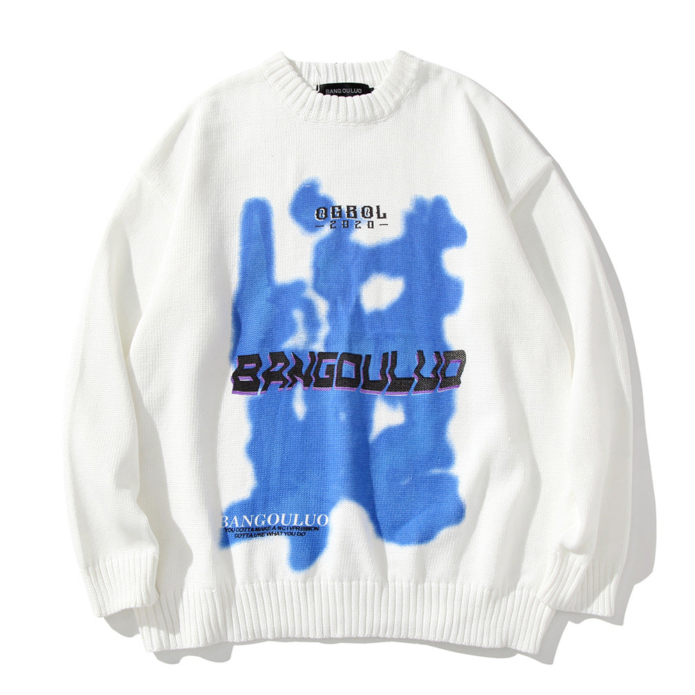 Contrast Color Abstract Pattern Round Neck Sweater Casual Loose