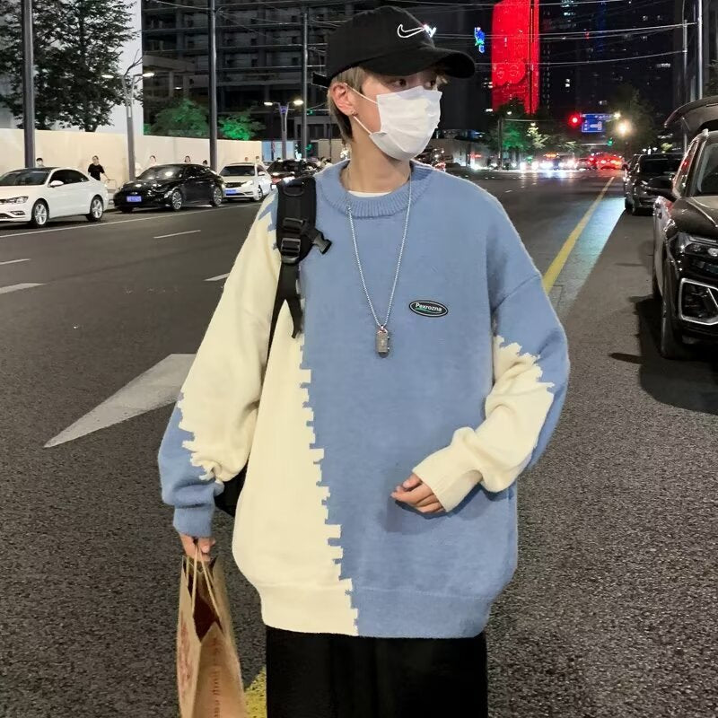 Round Neck Loose Chic Contrasting Design Sweater For Men