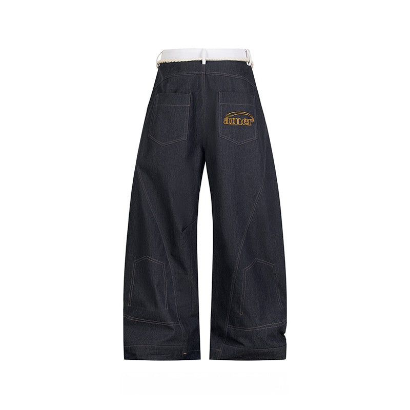 American Retro Waist Strap Stitching Double Waist Machete Design Jeans