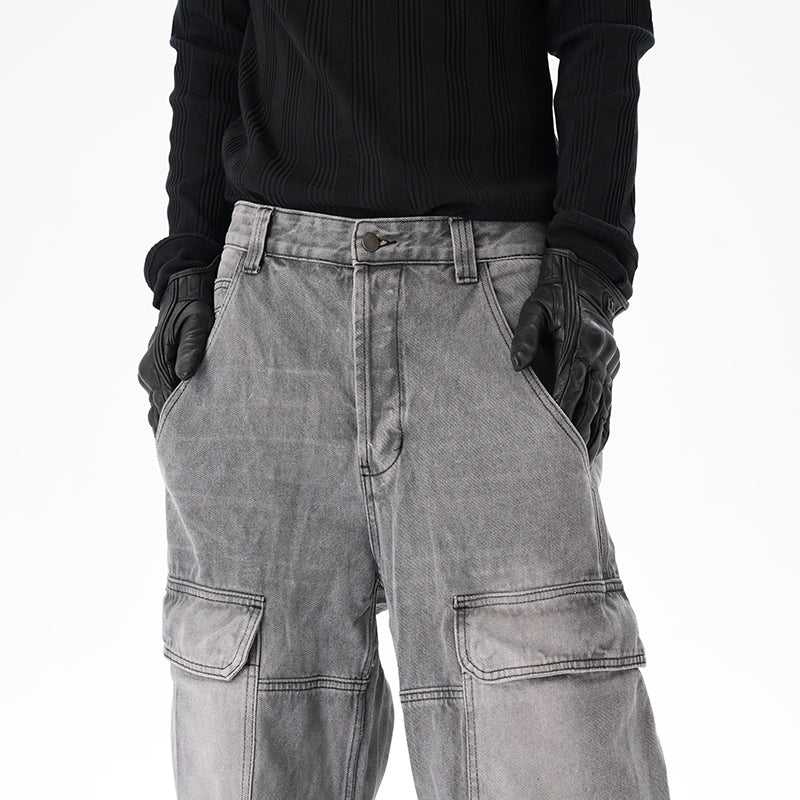 Distressed Multi-pocket Casual Loose Straight-leg Denim Overalls