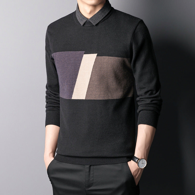 Colorblock Slim Top Fall Winter Men's Shirt Collar Knitwear