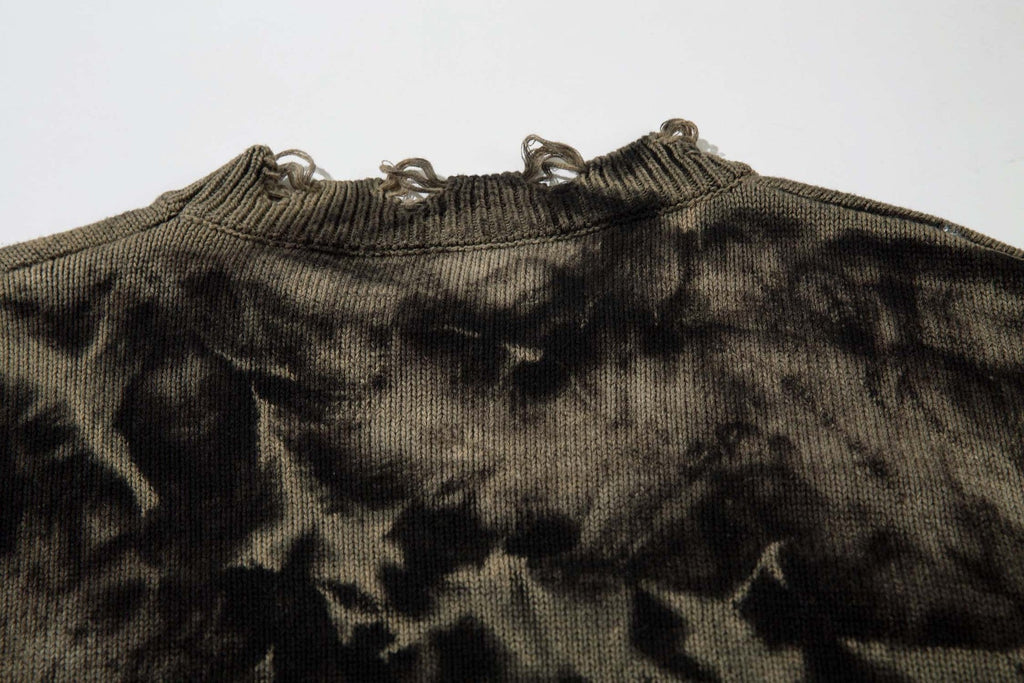 High Street American Beggar Style Tie-dyed Make Old Ripped Round Neck Sweater