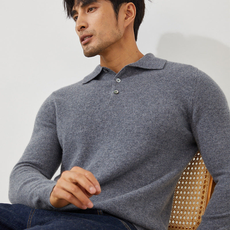 Pure Cashmere Men's Polo Collar Pullover Short Sweater