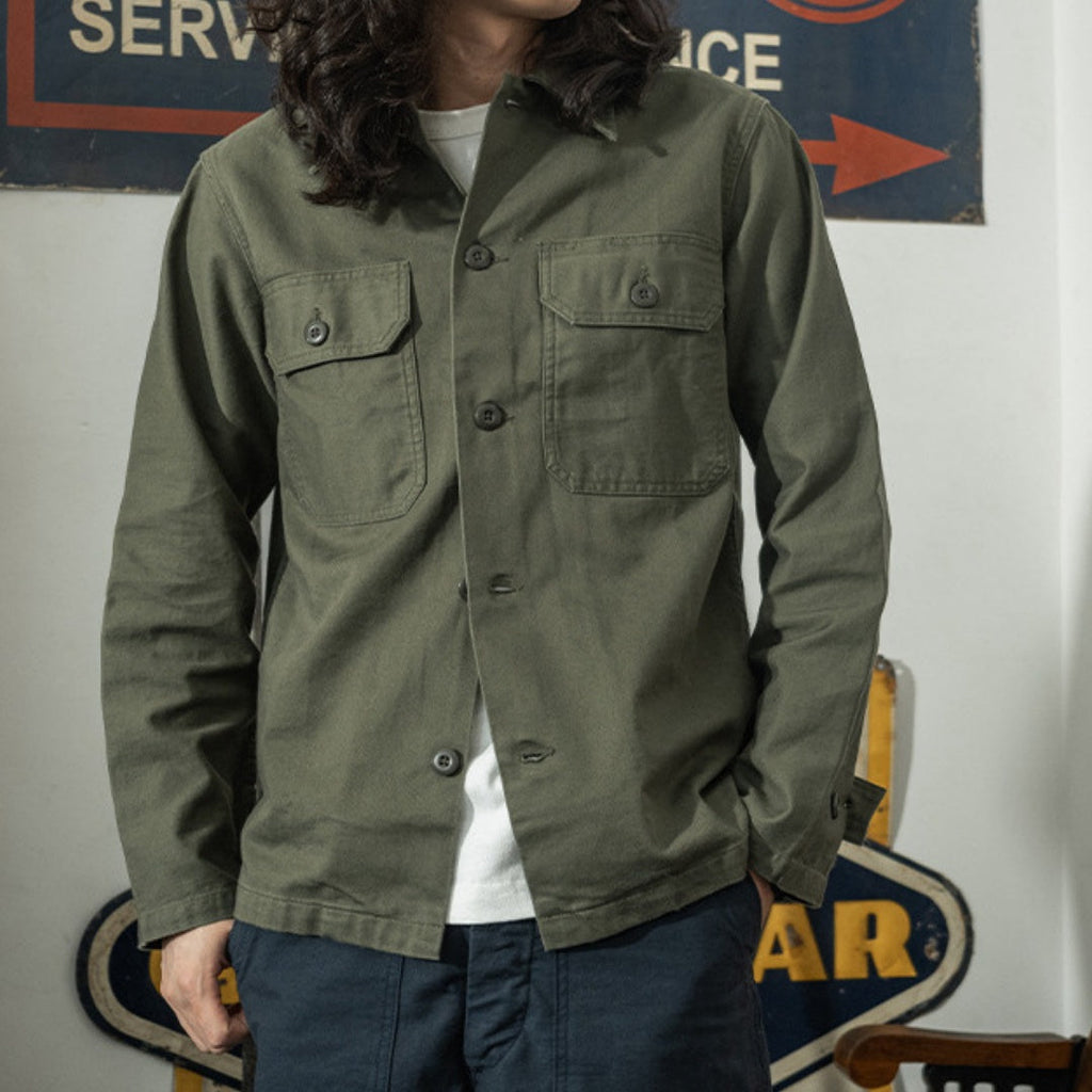 Olive Green Cotton Satin Work Clothes Shirt Men