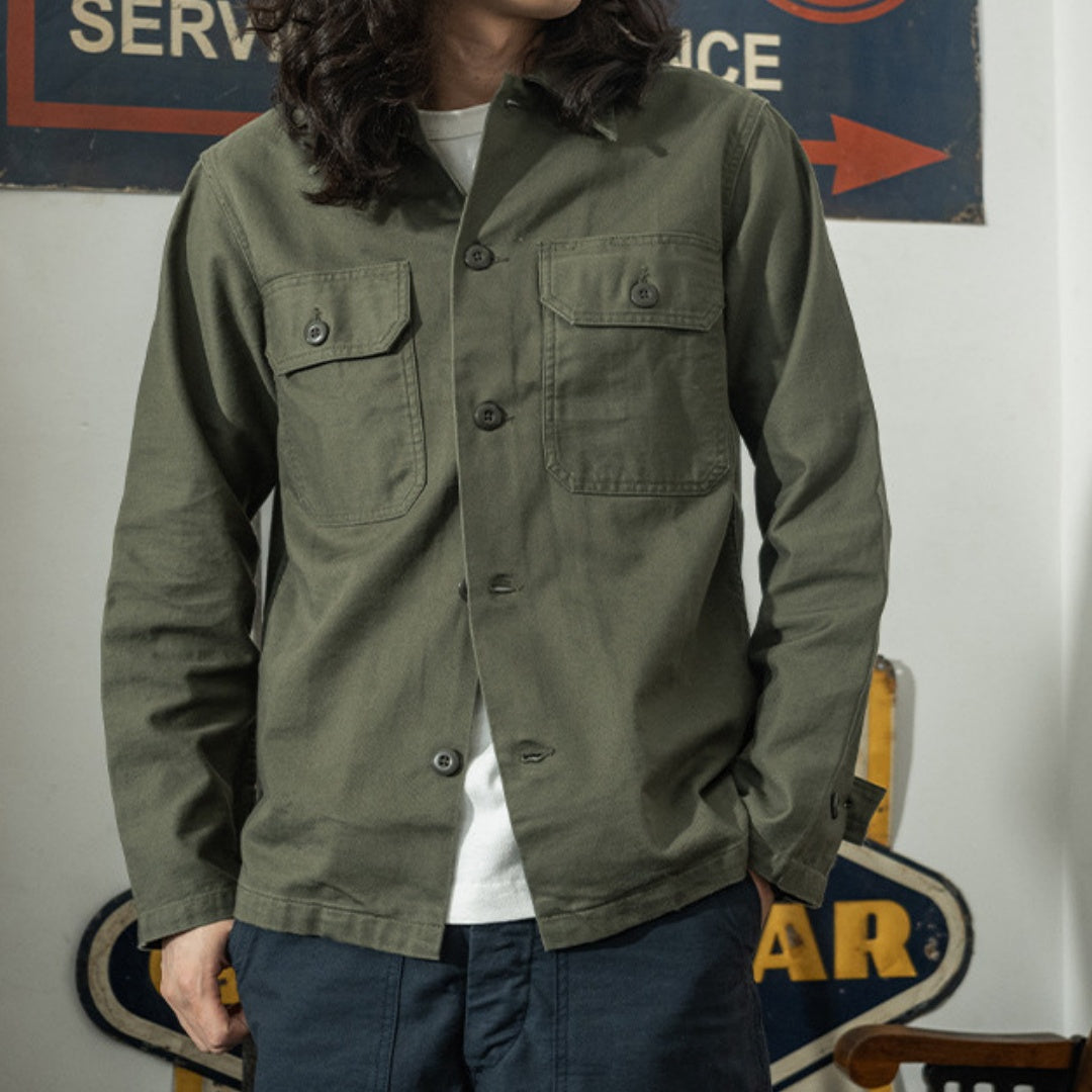 Olive Green Cotton Satin Work Clothes Shirt Men