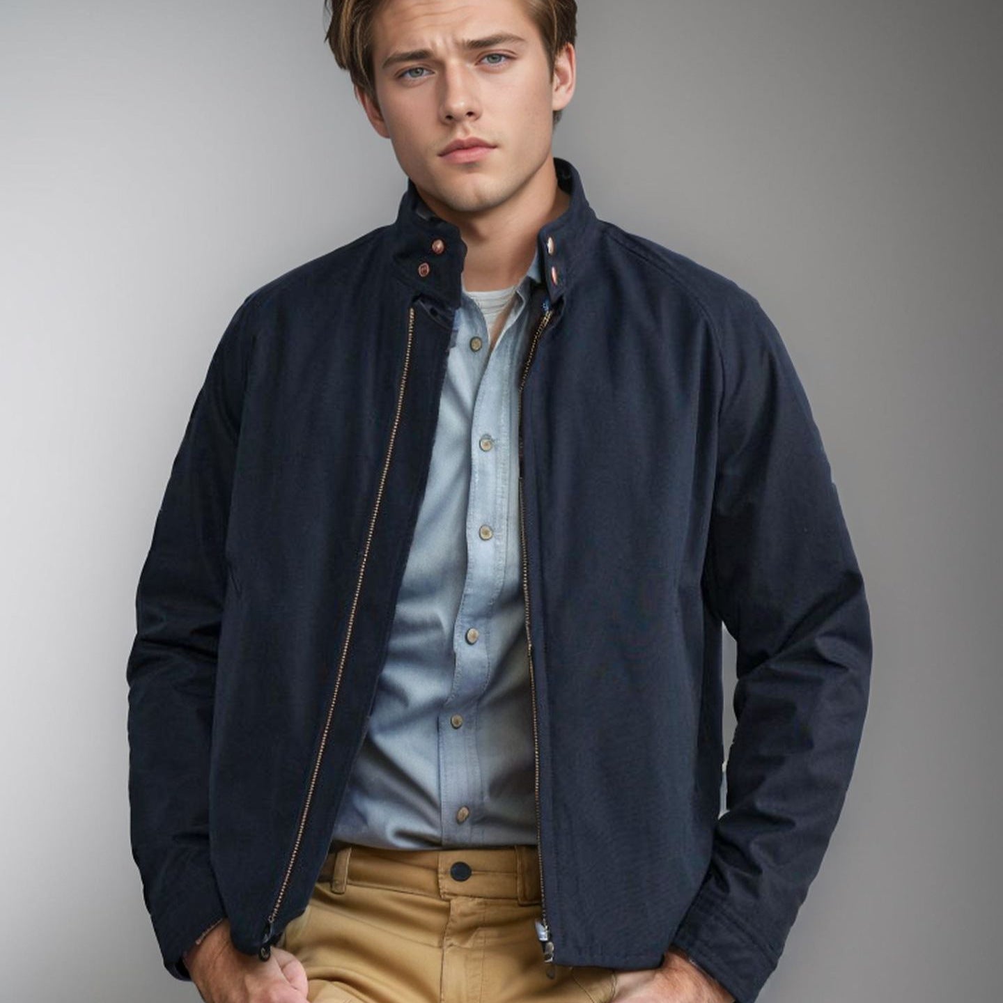 Stand Collar Zipper Solid Color Jacket Coat