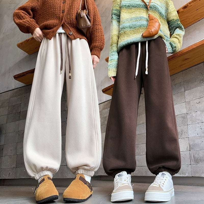 High Waist Velvet Padded Loose Slimming Leisure Bloomers Ankle-tied Sweatpants