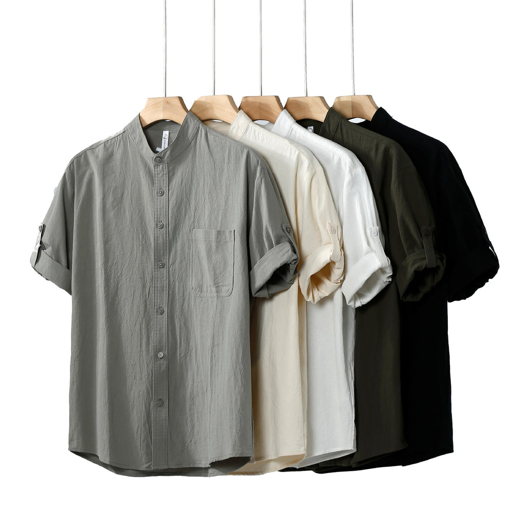 Linen Shirt Men's Short-sleeved Shirt Loose Men's Clothing Chinese Style Summer Cotton Linen Men's Solid Color Simple Stand Collar Top