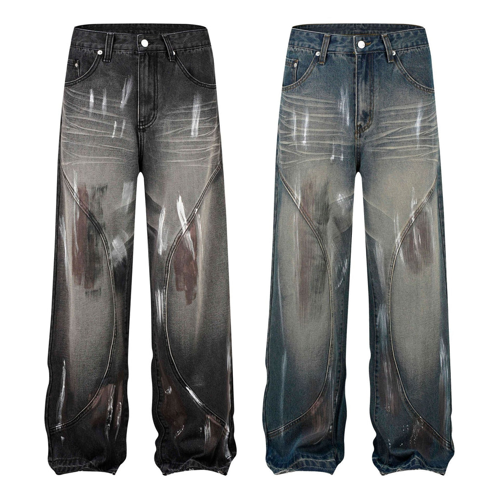 Retro Washed Distressed Graffiti Stitching Jeans Wide-leg Straight Trousers