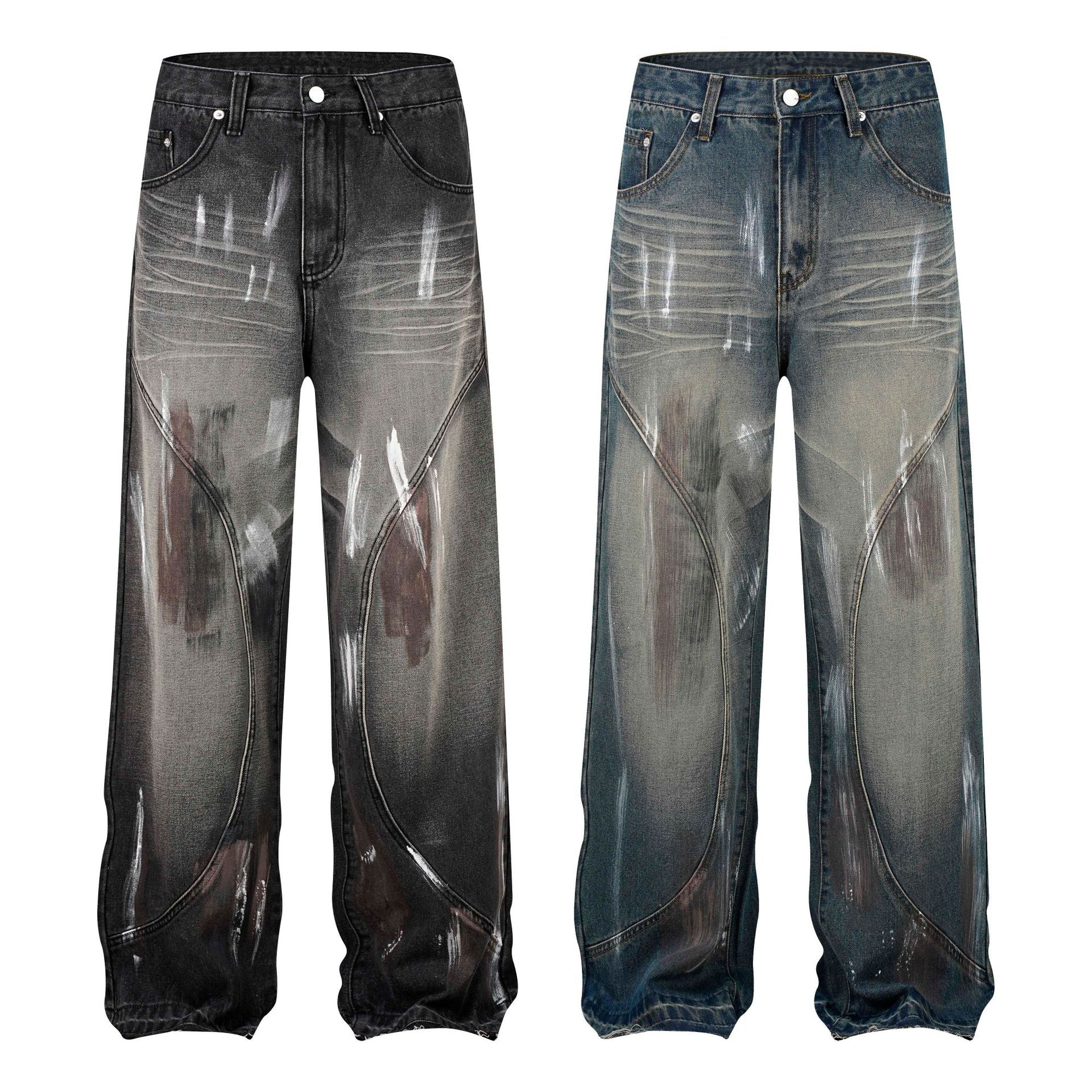 Retro Washed Distressed Graffiti Stitching Jeans Wide-leg Straight Trousers