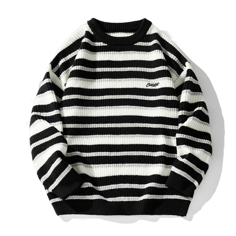 Striped Heavy Thick Needle Sweater Men's Couple Retro Contrast Color Japanese Style