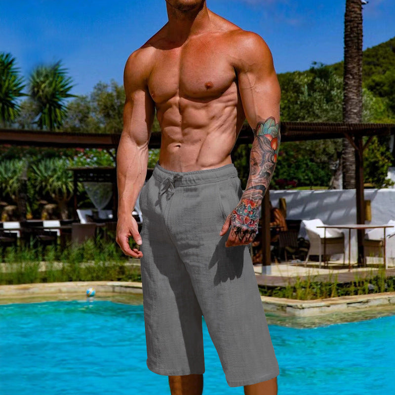 Loose Linen Cotton Breathable Cropped Pants For Men's Sports And Casual Wear