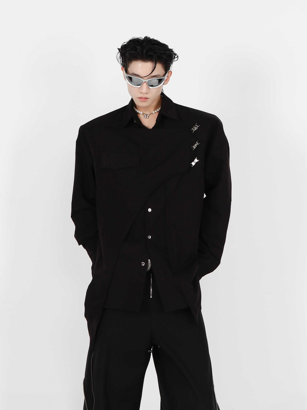 Double-layer Design Metal Embellished Long Sleeve Padded Shoulder Shirt