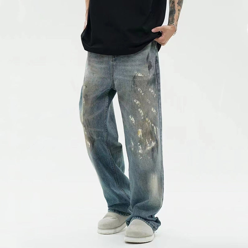 Men's Splash-ink Paint American Retro Loose Straight Wide-leg Pants
