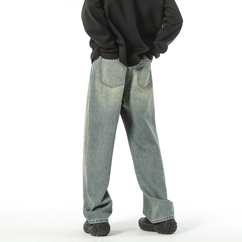Retro Worn Looking Washed-out Green Blue Jeans For Men