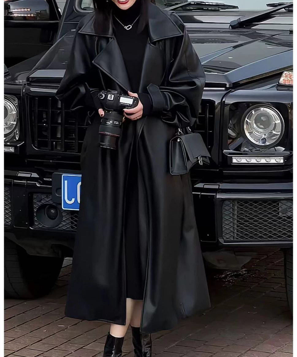 Women's Fashion Temperament Long Below The Knee Leather Coat
