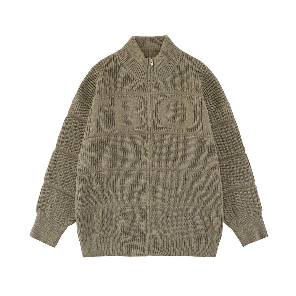 Sunken Stripe Textured Jacquard Cardigan Stand Collar Sweater