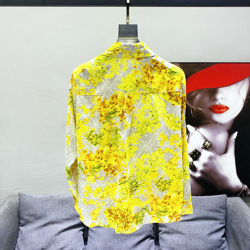 Hawaiian Style Yellow Printed Shirt Men's Loose Drooping Padded Shoulder