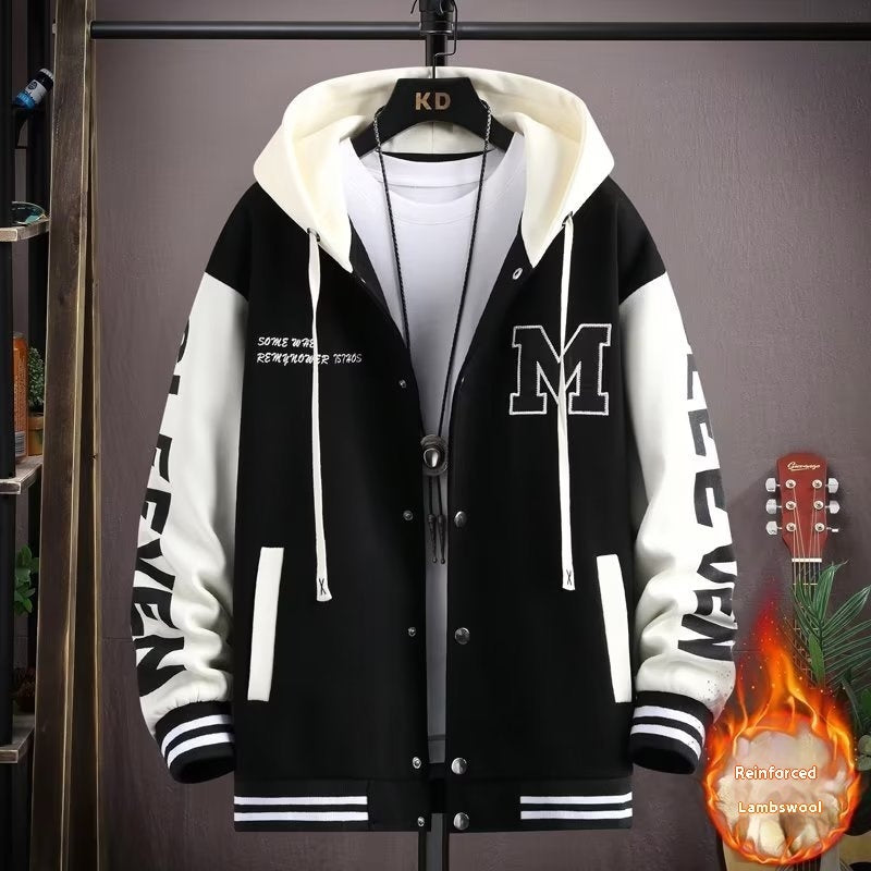 Fleece-lined Thickened Hooded Baseball Uniform Boys Autumn And Winter