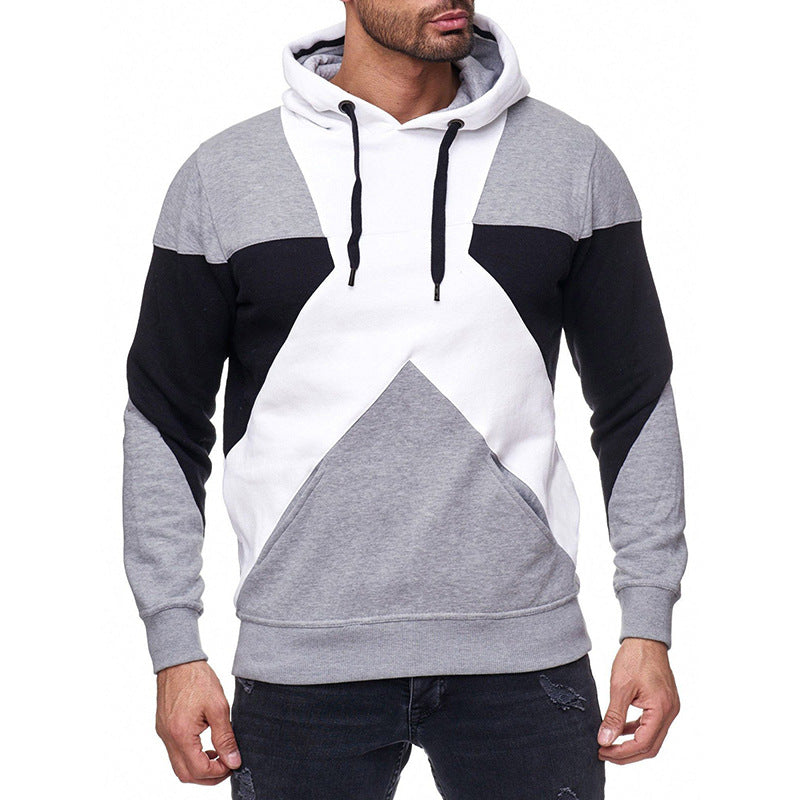 Men's hooded Pullover solid color patchwork sweater