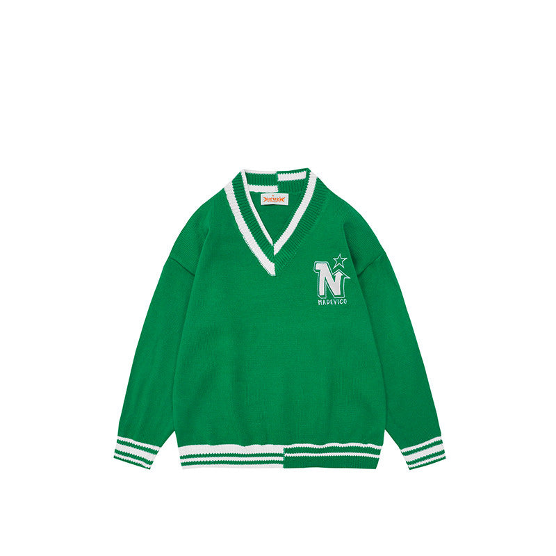 Men's And Women's Letter Embroidered Pullover V-Neck Sweater