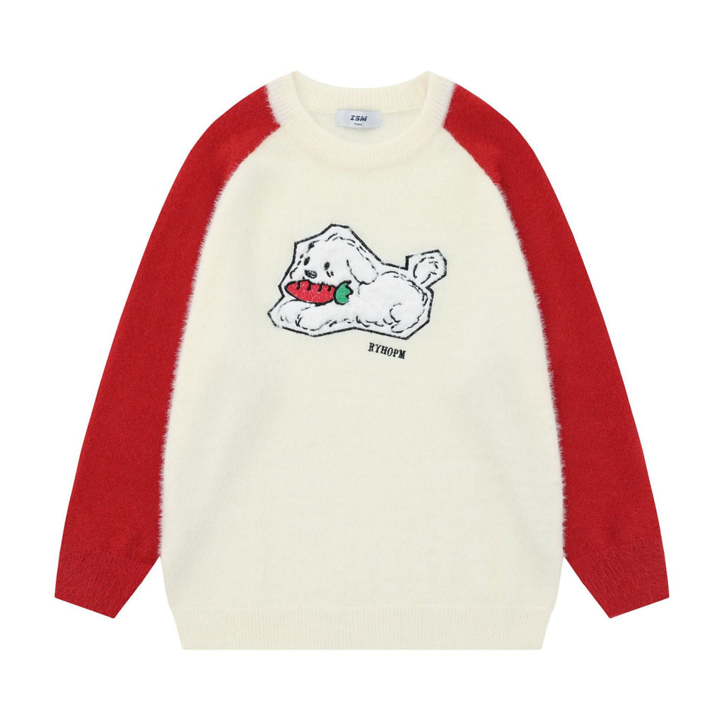 Sweet Cute Jacquard Furry Color-block Crew Neck Sweater