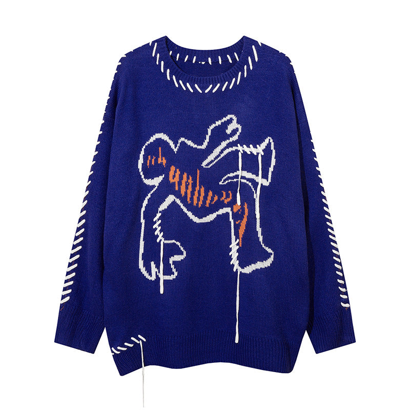 Fringed Sweater Round Neck Sweater With Rope Stitching