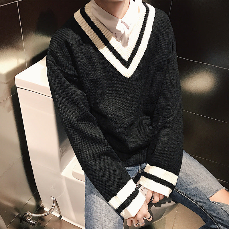 Men's big V-neck couple sweater hit color