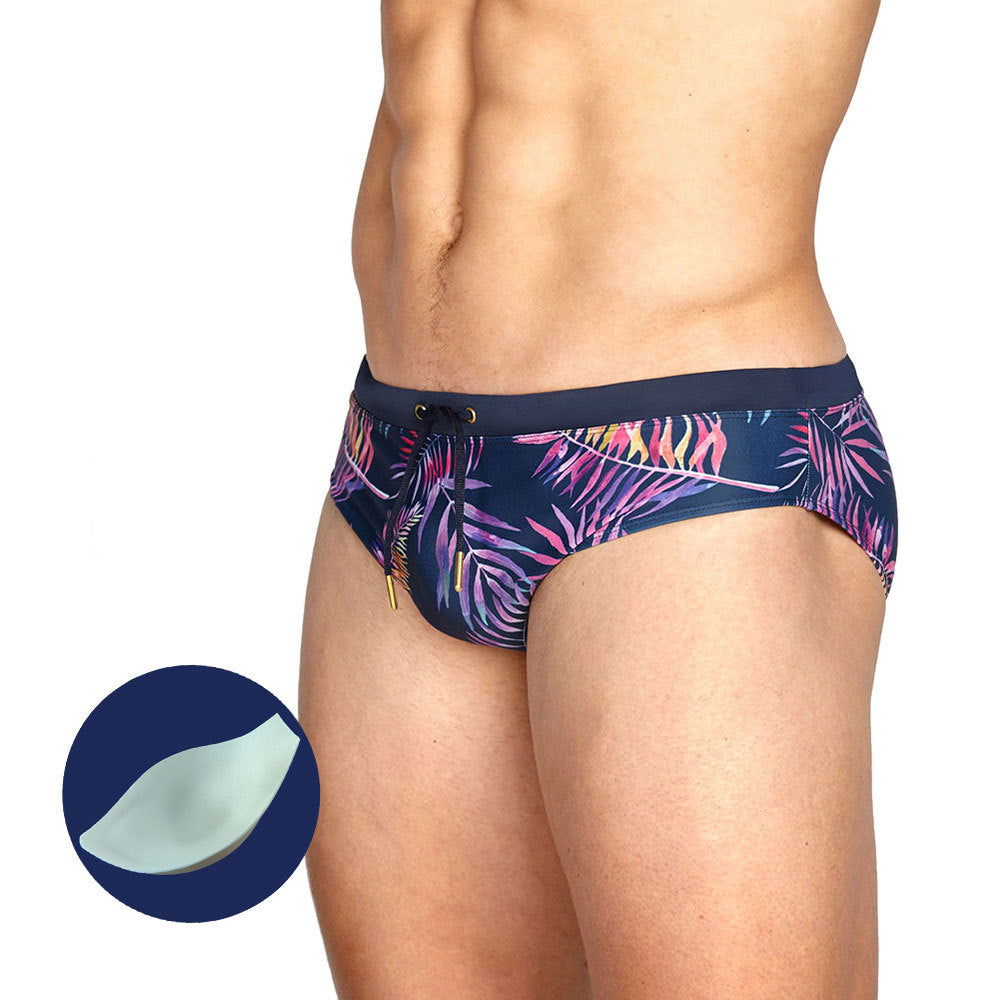 Three-dimensional Fashion Beach Swimming Trunks With Color Leaf Print And Cup