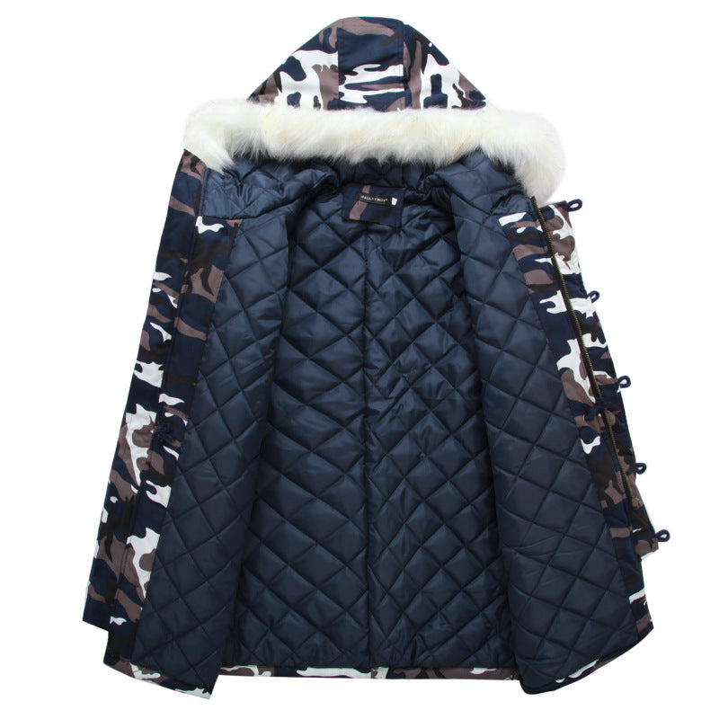 Camouflage large fur collar mid-length padded coat