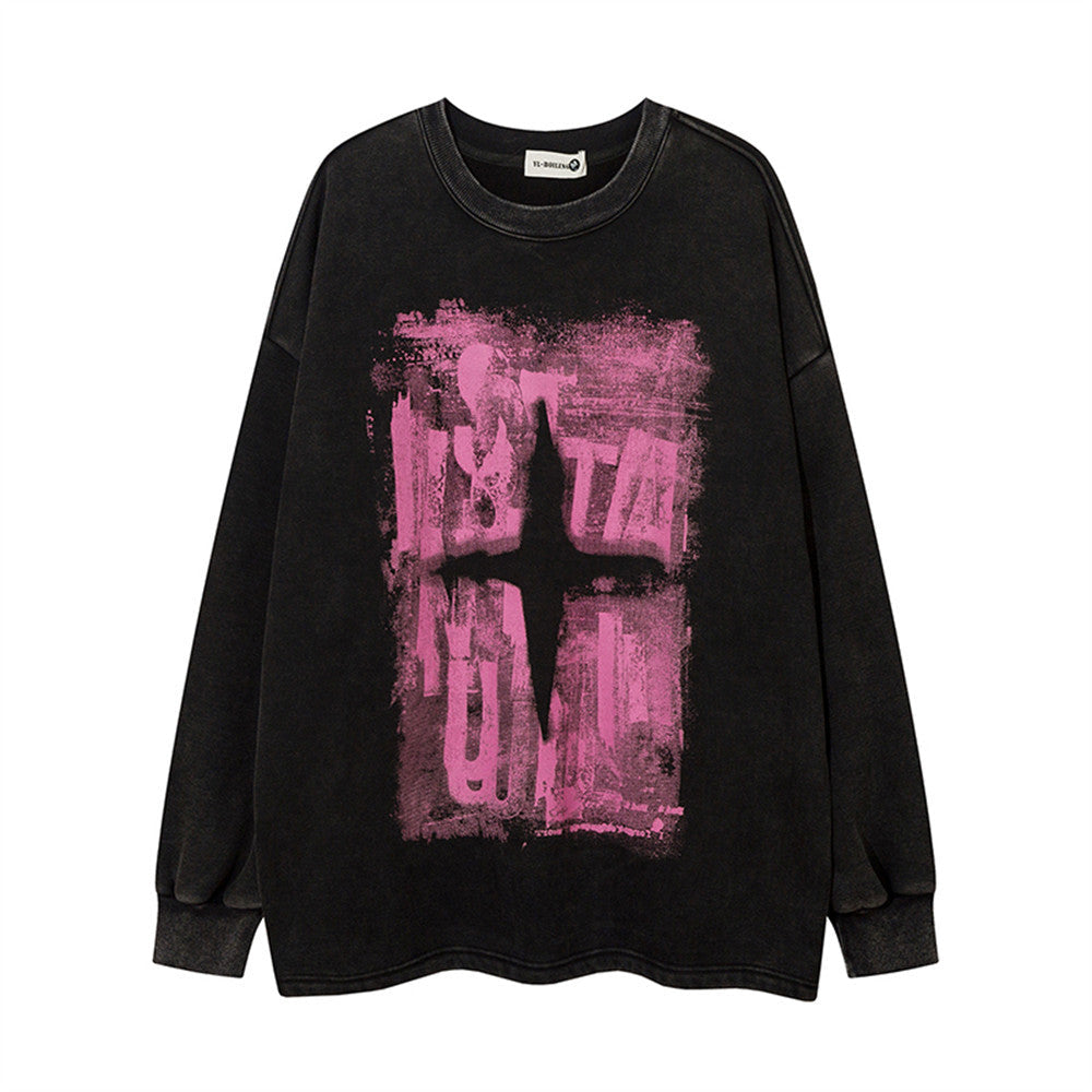 Cross Graffiti Printing Round Neck Fleece-lined Sweater