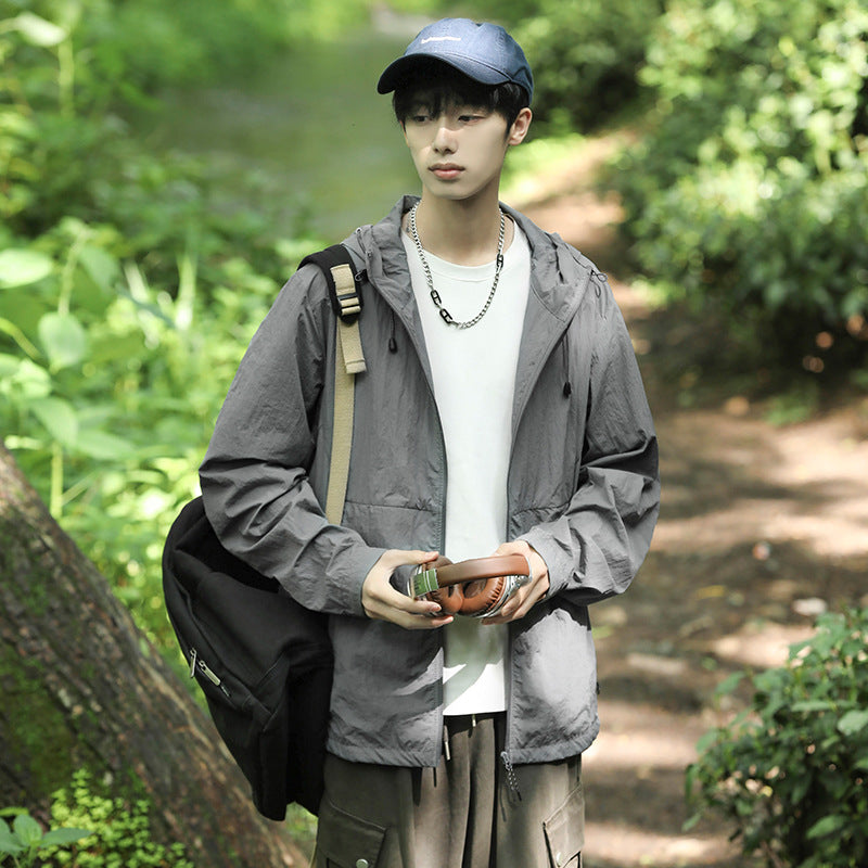 Men's Thin Ice Silk Hooded Solid Color Sun Protection Clothing