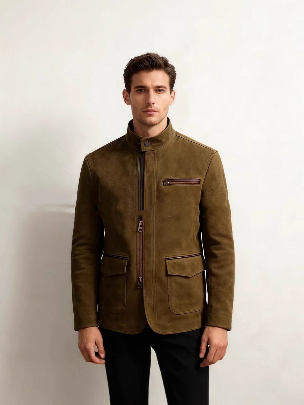 Mens Stand-Up Collar Zip-Up Jacket Casual Vintage Outerwear