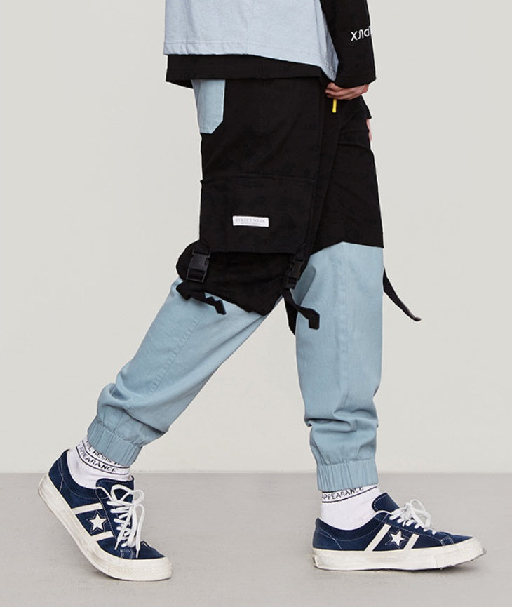 New Style Brand Function Buckle Pocket Contrast Color Stitching Men's Beamed Overalls